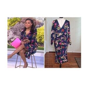 Eliza J Midi Dress Women 14 Navy Floral Ruched Wedding Guest Baby Shower Party